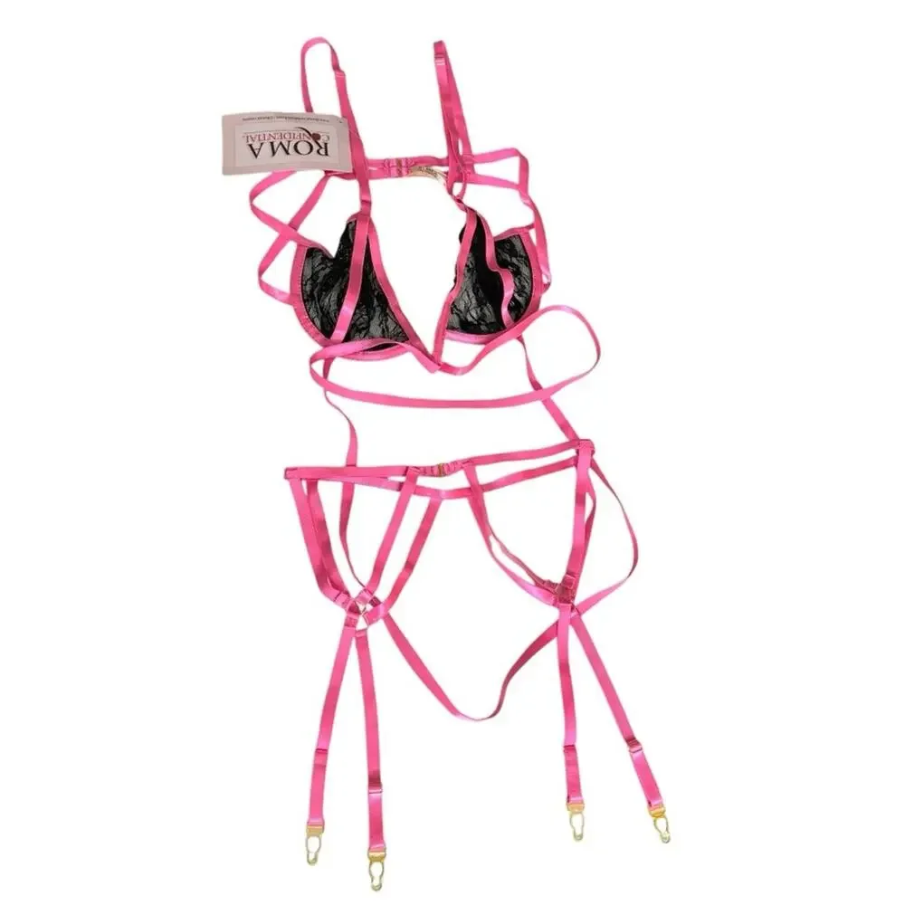 Roma Confidential Black Pink Strappy‎ Garter Bra Underwire Support Set Small NEW